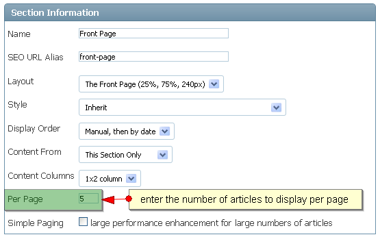 Section - Articles per Page